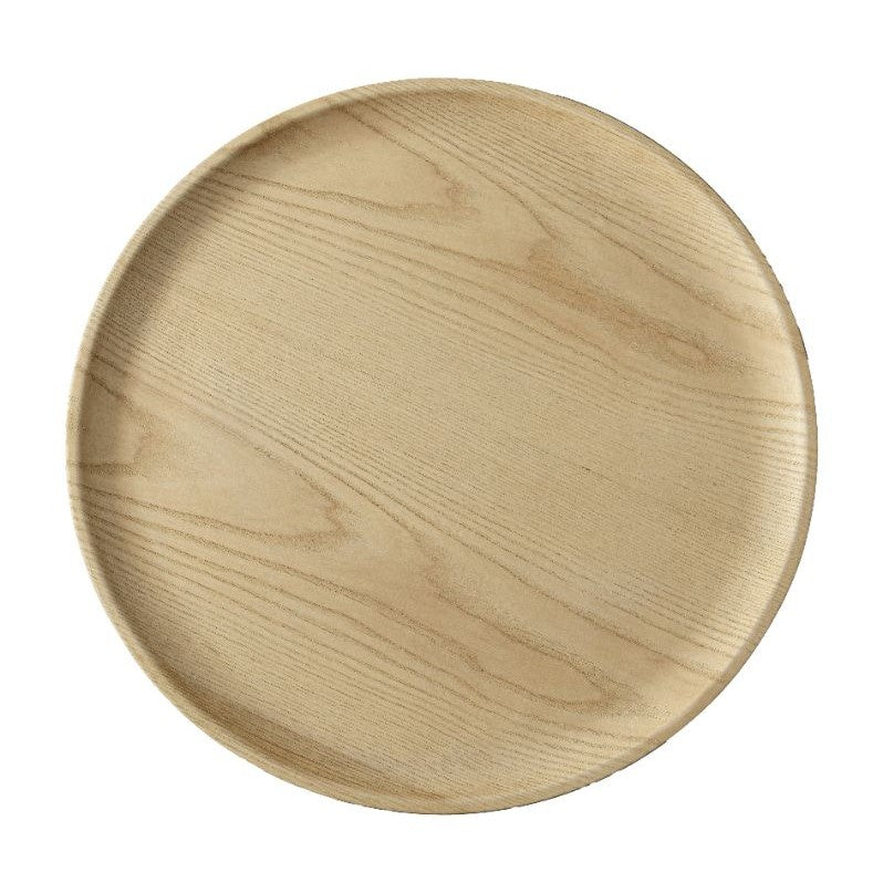Front view of the Viggo side table in natural ash wood featuring a circular tray-style top on a solid cylindrical pedestal base
