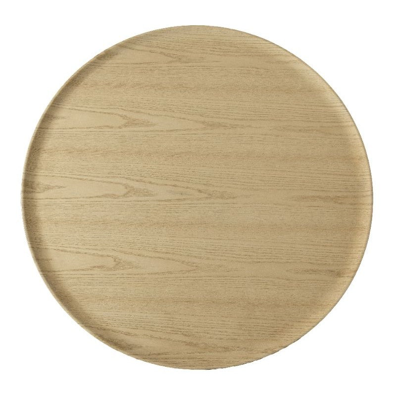 Front view of the Viggo round coffee table featuring a natural wood finish and three chunky cylindrical pedestal legs