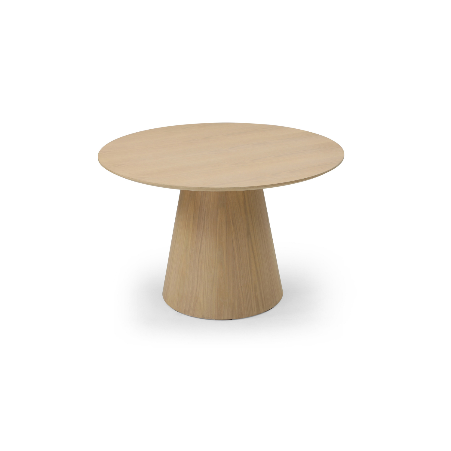 Front view of the Vik round dining table featuring a natural oak wood finish and a modern tapered pedestal base
