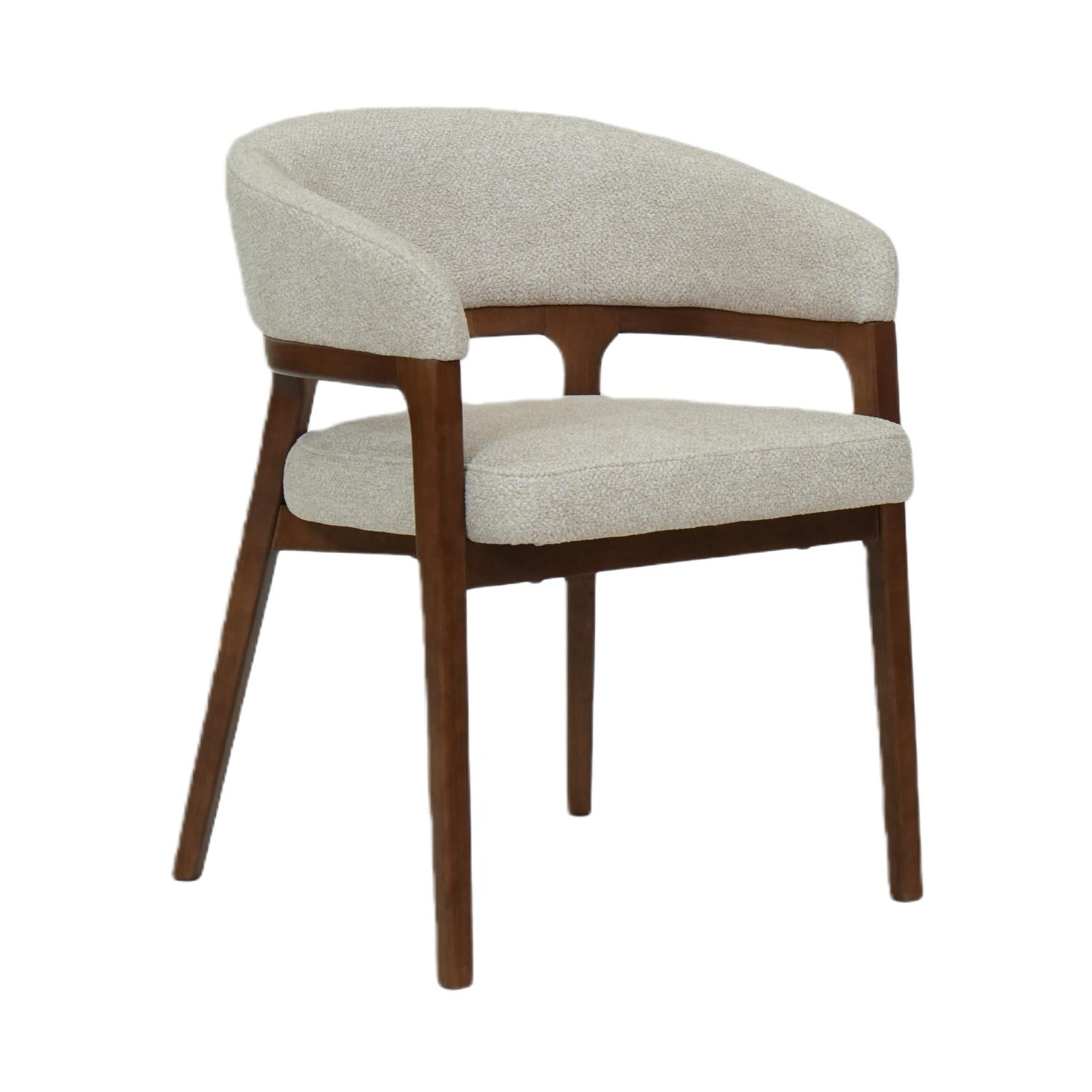 Front view of the Vinda dining chair featuring light grey fabric upholstery and slim black tapered metal legs