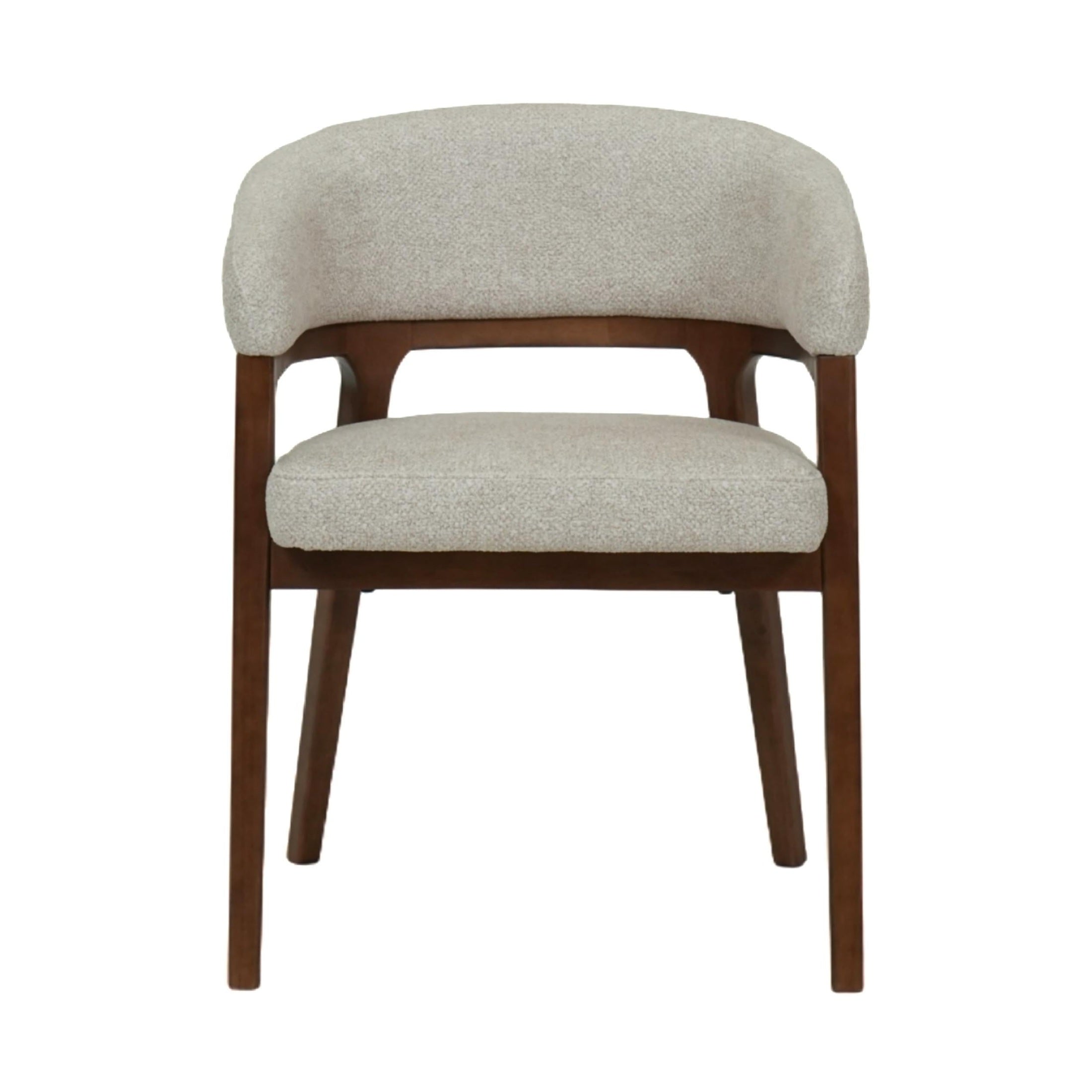 Front view of the Vinda dining chair featuring light grey fabric upholstery and slim black tapered metal legs