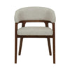 Front view of the Vinda dining chair featuring light grey fabric upholstery and slim black tapered metal legs