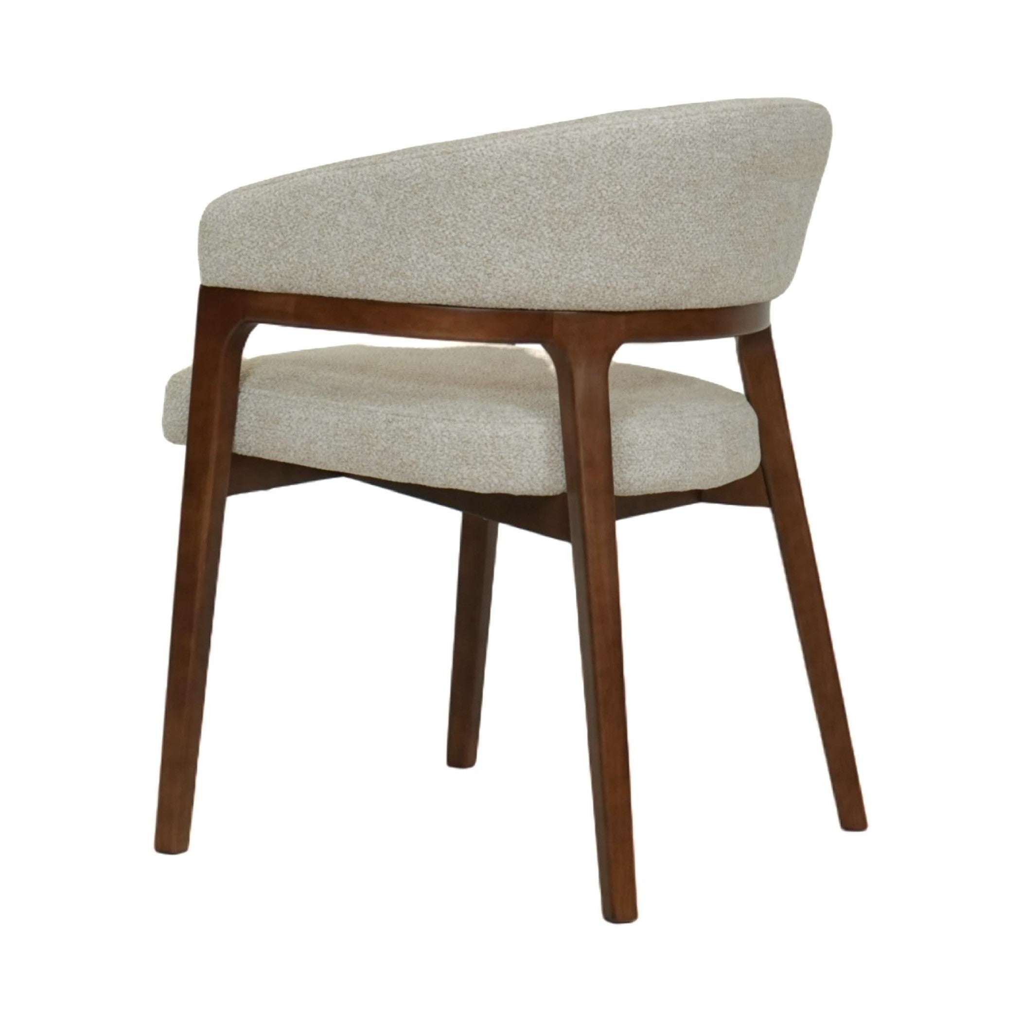 Front view of the Vinda dining chair featuring light grey fabric upholstery and slim black tapered metal legs