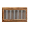 Top-down view looking through the rectangular glass tabletop at the vertical slatted wood shelf below