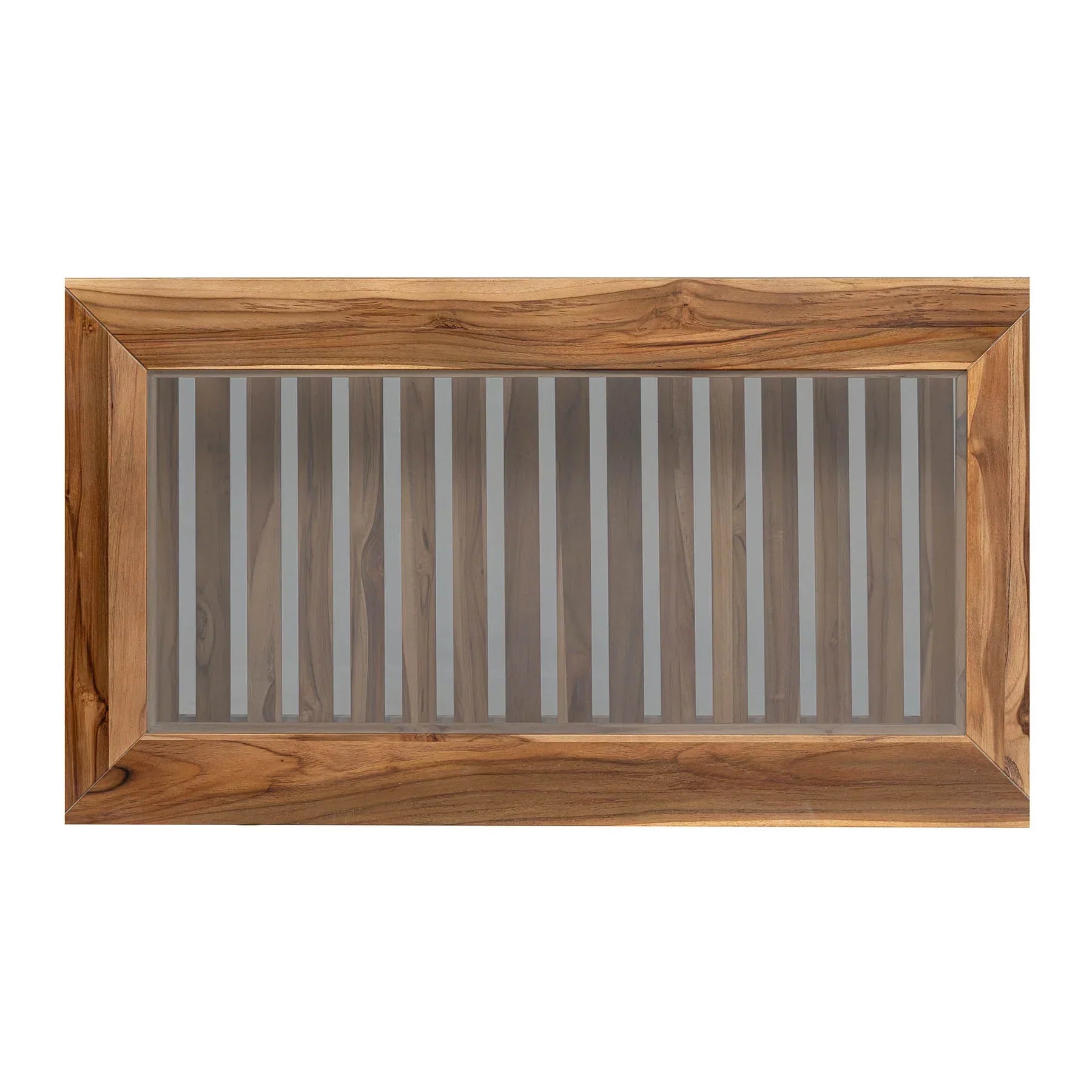 Front view of the Vineyard outdoor coffee table featuring a rectangular tempered glass top and a slatted teak wood lower shelf
