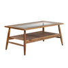 Three-quarter perspective highlighting the airy glass surface and the sturdy teak wood frame with tapered legs