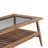 Macro detail view highlighting the organic wood grain and textured finish of the slatted teak storage shelf