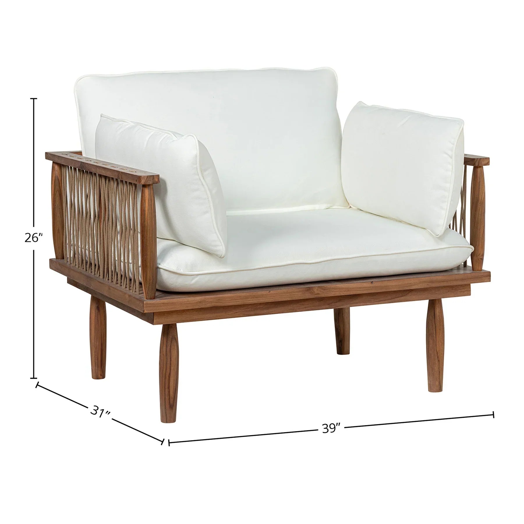 Vineyard outdoor club chair with teak frame and white cushions front view