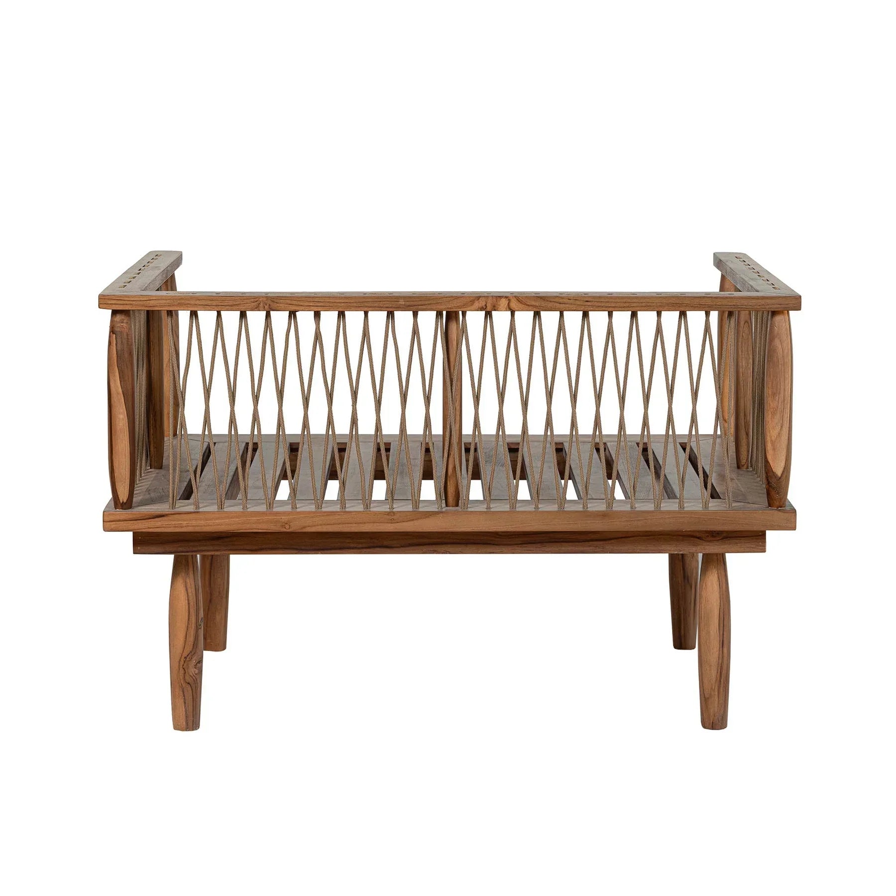 Vineyard outdoor club chair with teak frame and white cushions front view