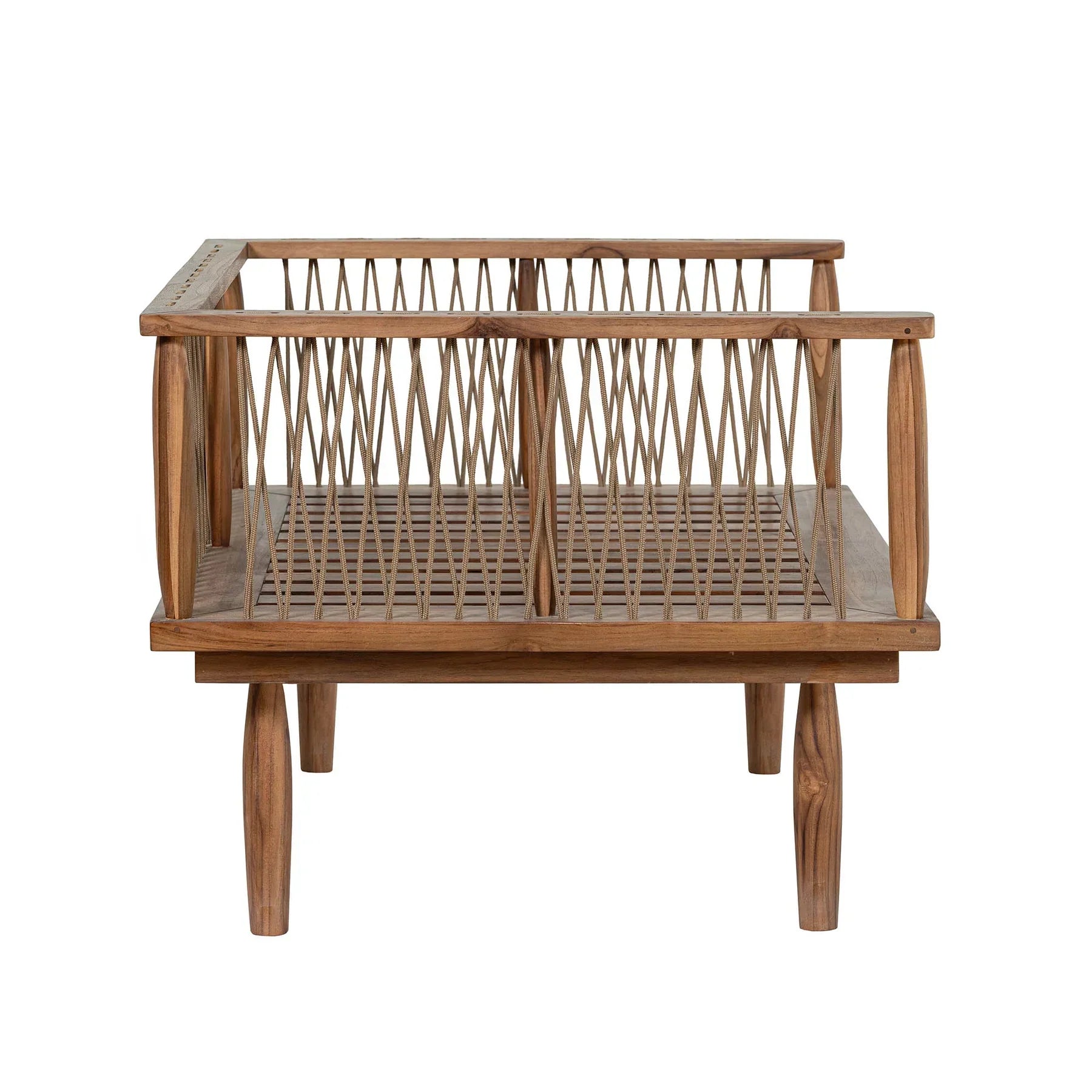 Vineyard outdoor club chair with teak frame and white cushions front view