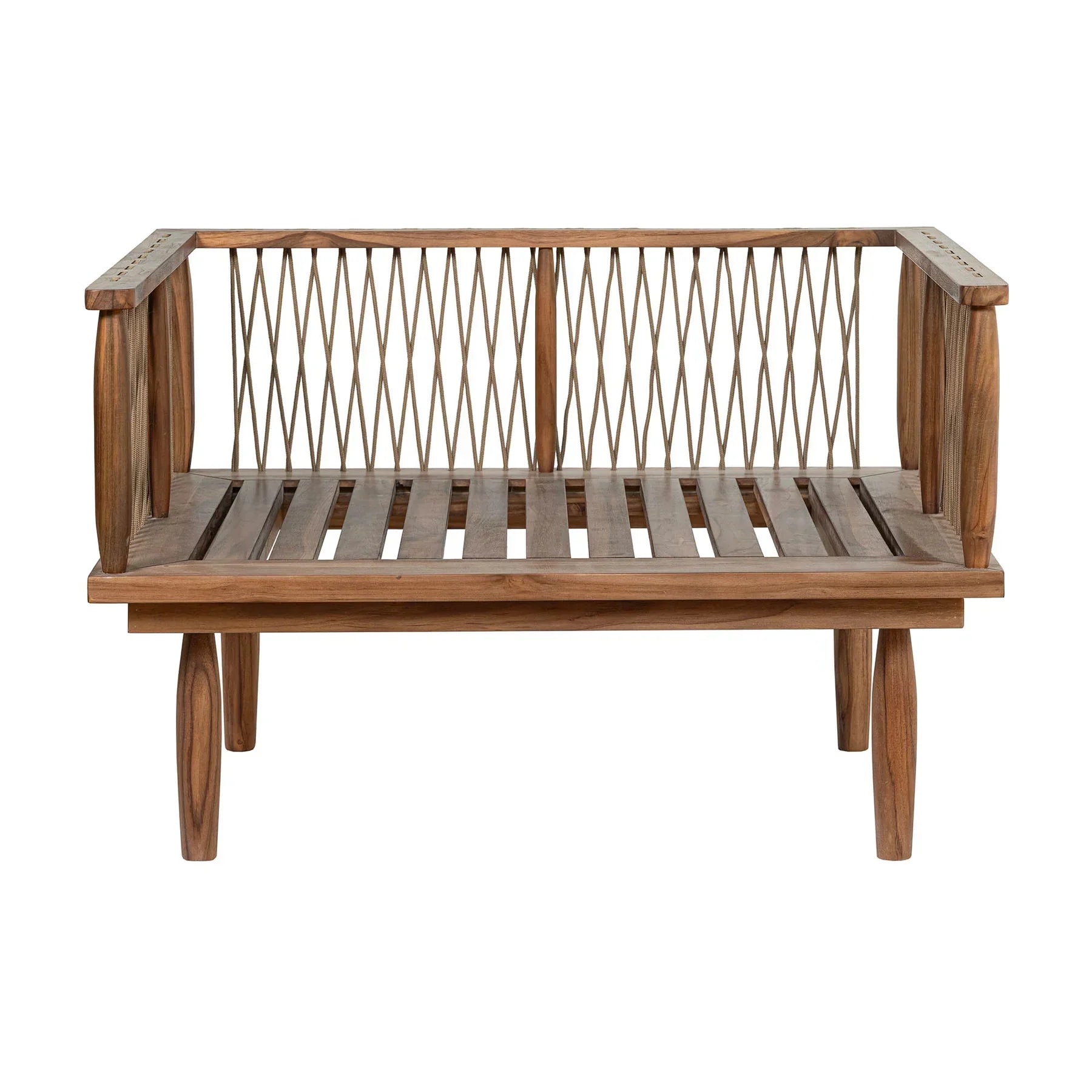 Vineyard outdoor club chair with teak frame and white cushions front view