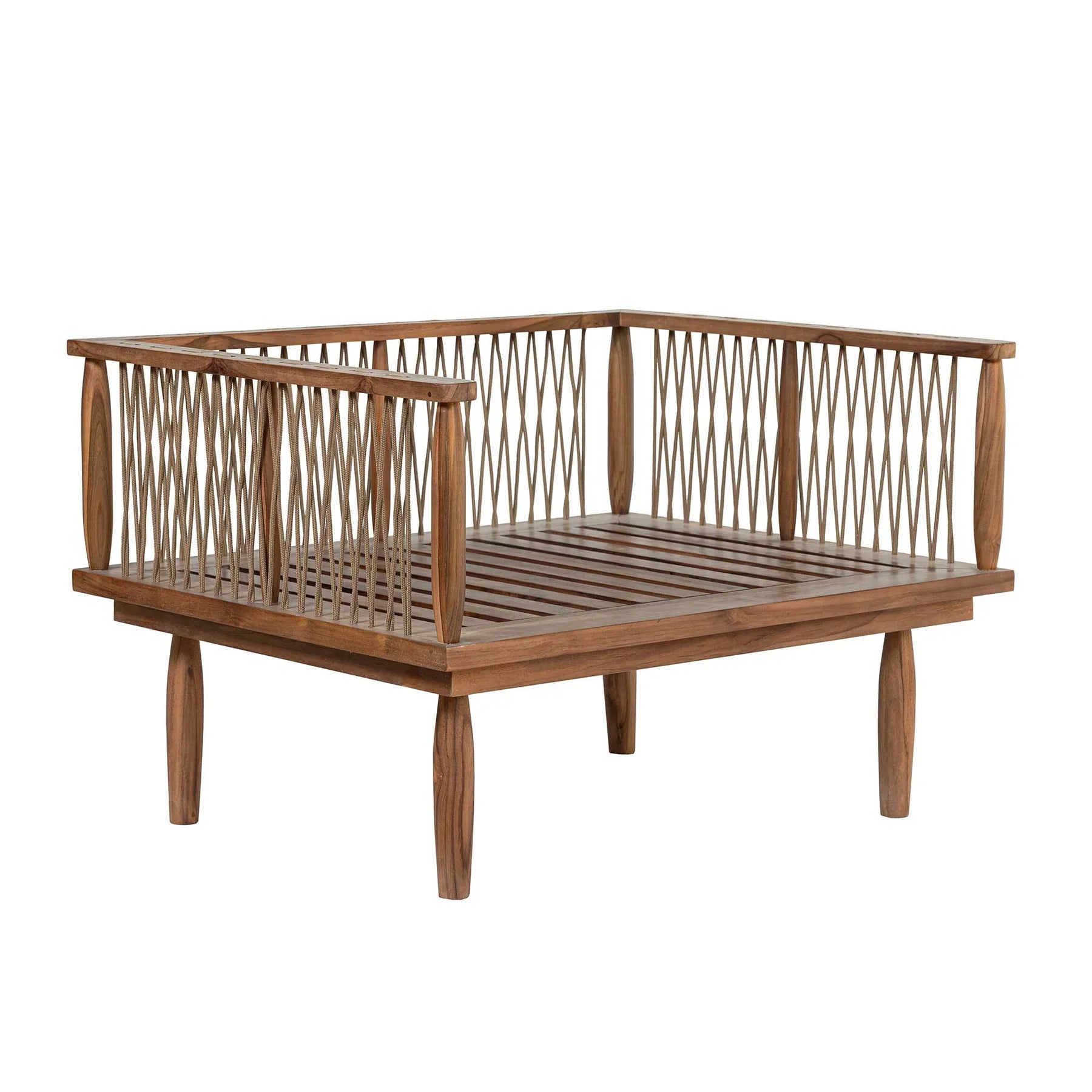 Vineyard outdoor club chair with teak frame and white cushions front view