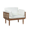 Vineyard outdoor club chair with teak frame and white cushions angled view