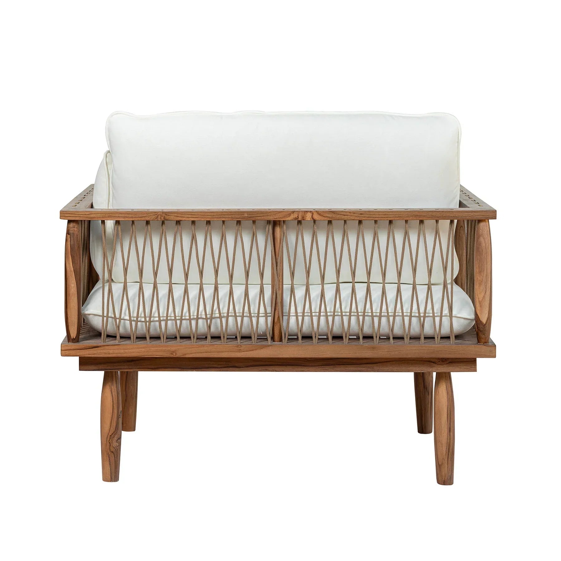 Vineyard outdoor club chair with teak frame and white cushions front view