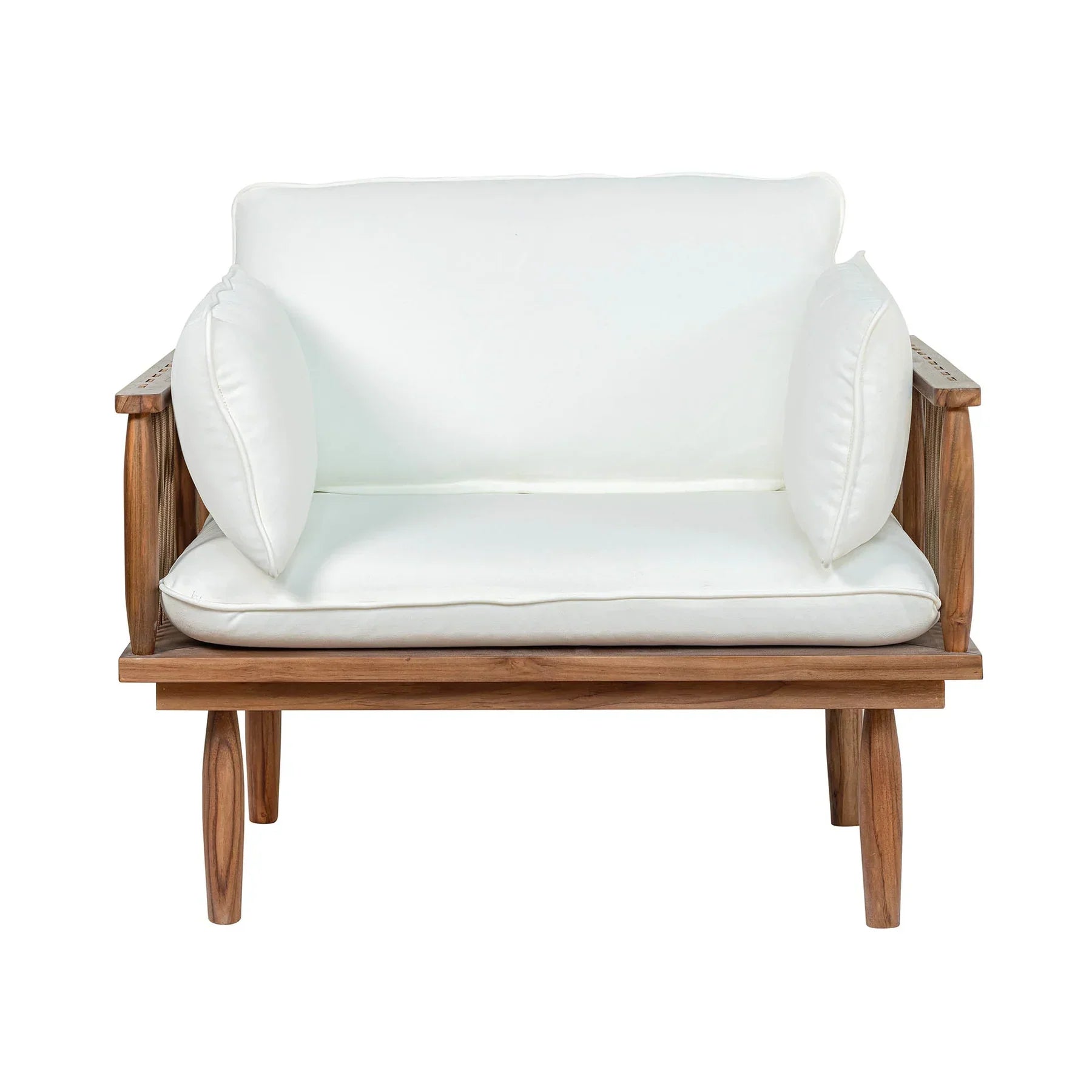 Vineyard outdoor club chair with teak frame and white cushions front view
