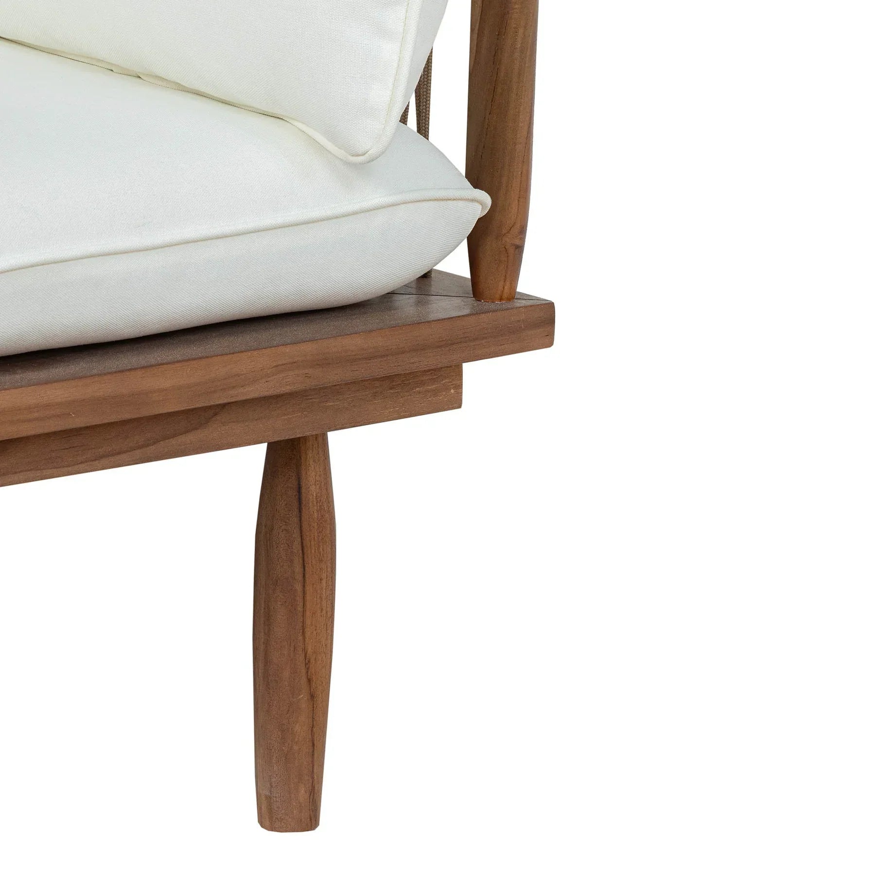 Vineyard outdoor club chair with teak frame and white cushions front view