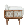 Vineyard outdoor club chair with teak frame and white cushions side profile