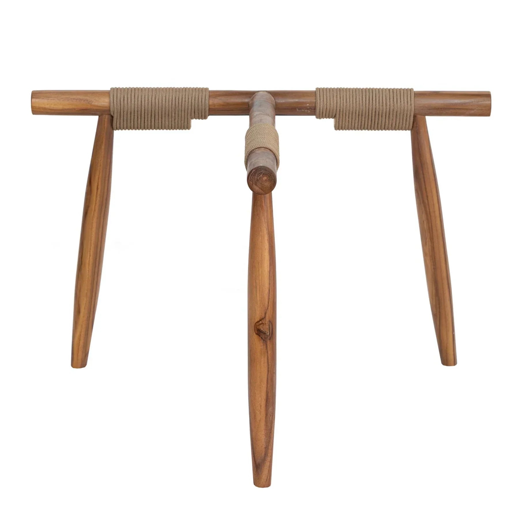 Front view of the Vineyard outdoor coffee table featuring a circular tempered glass top and a natural teak wood tripod base