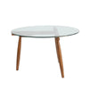 Side-angle view showcasing the clean lines of the tempered glass surface and the warm tones of the teak base
