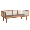 View of the Vineyard loveseat wooden frame without cushions to show the slatted teak-style seat base