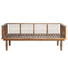Frontal view of the minimalist wooden sofa frame highlighting the natural grain and structural design