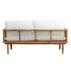 Straight back view of the wooden outdoor loveseat showcasing the intricate rope weave across the rear frame