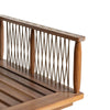 Macro detail of the durable outdoor rope weaving and smooth wood armrest texture
