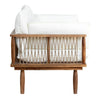 Side profile of the Vineyard loveseat highlighting the vertical woven rope detail and tapered wood legs