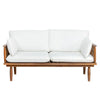 Front view of the Vineyard Outdoor Loveseat featuring white cushions and a natural wood frame with woven rope sides