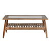 Front view of the Vineyard outdoor coffee table featuring a rectangular tempered glass top and a slatted teak wood lower shelf