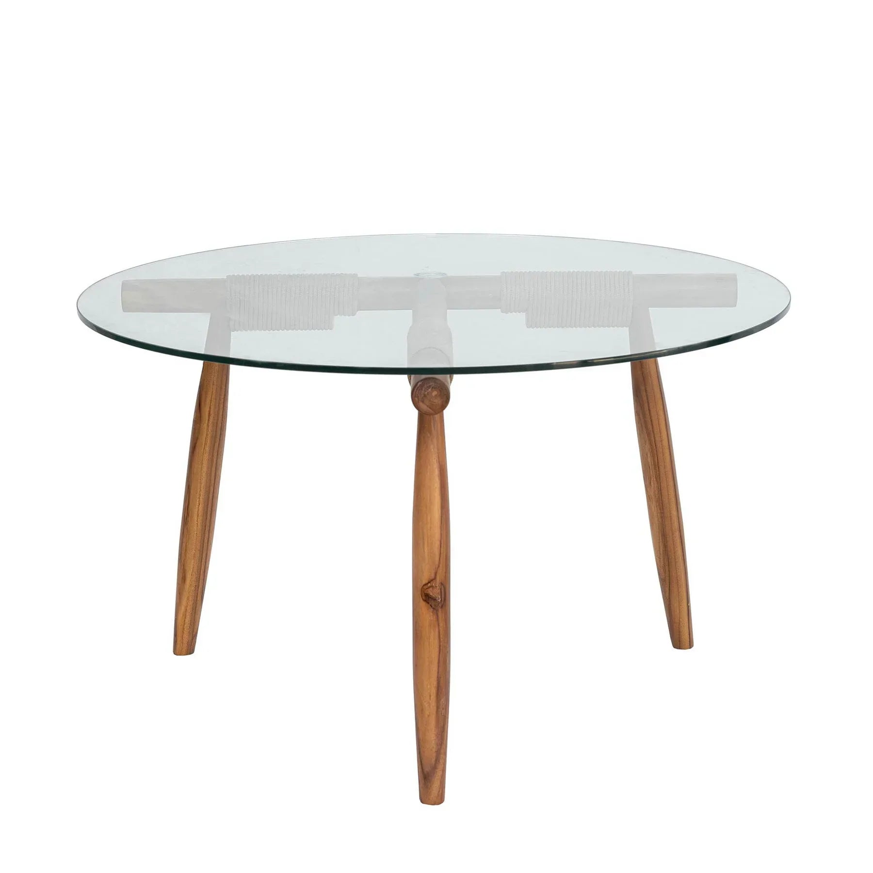 Front view of the Vineyard outdoor coffee table featuring a circular tempered glass top and a natural teak wood tripod base
