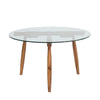 Front view of the Vineyard outdoor coffee table featuring a circular tempered glass top and a natural teak wood tripod base