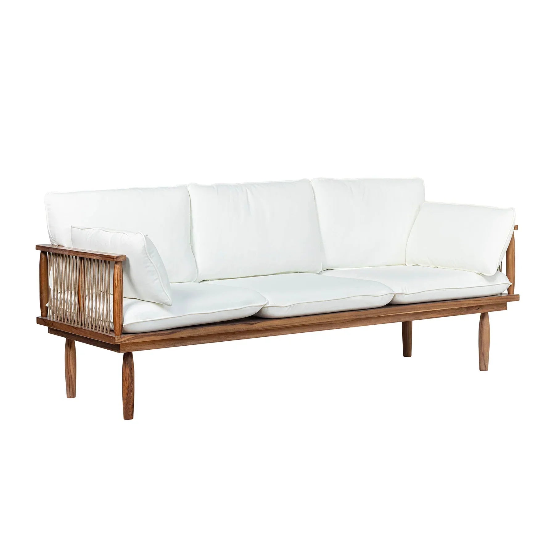 Vineyard outdoor sofa front view with teak wood frame and white olefin cushions