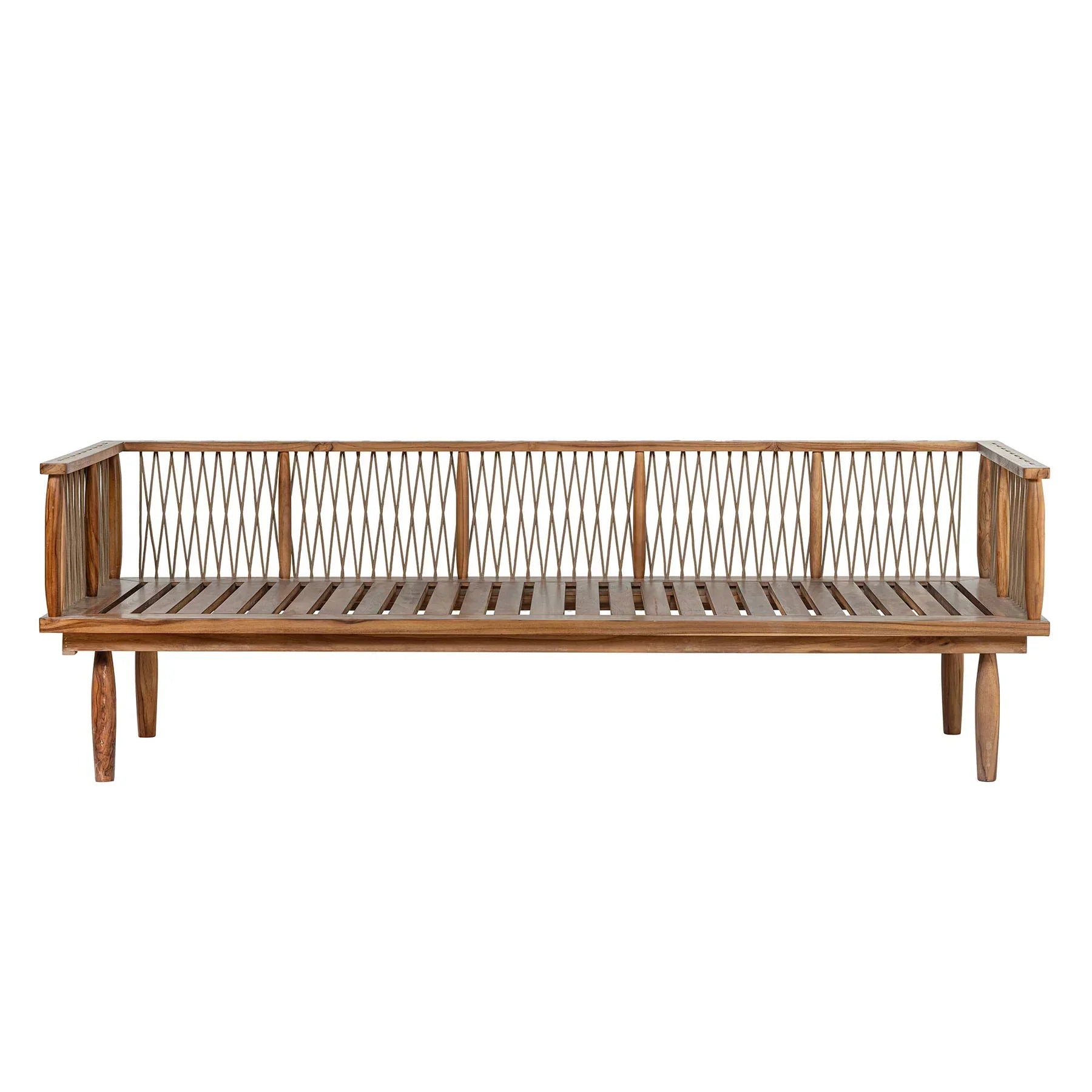 Vineyard outdoor sofa front view with teak wood frame and white olefin cushions