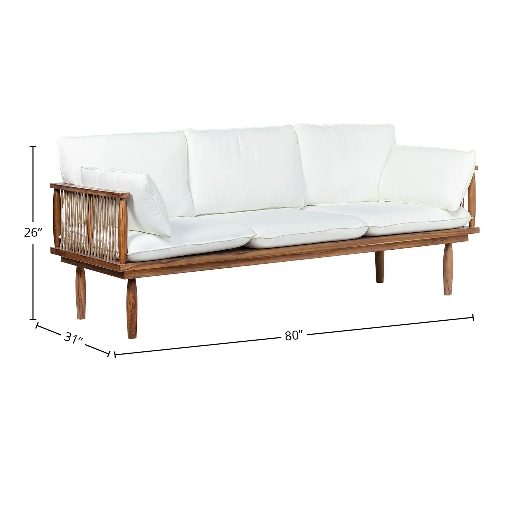 Vineyard outdoor sofa front view with teak wood frame and white olefin cushions