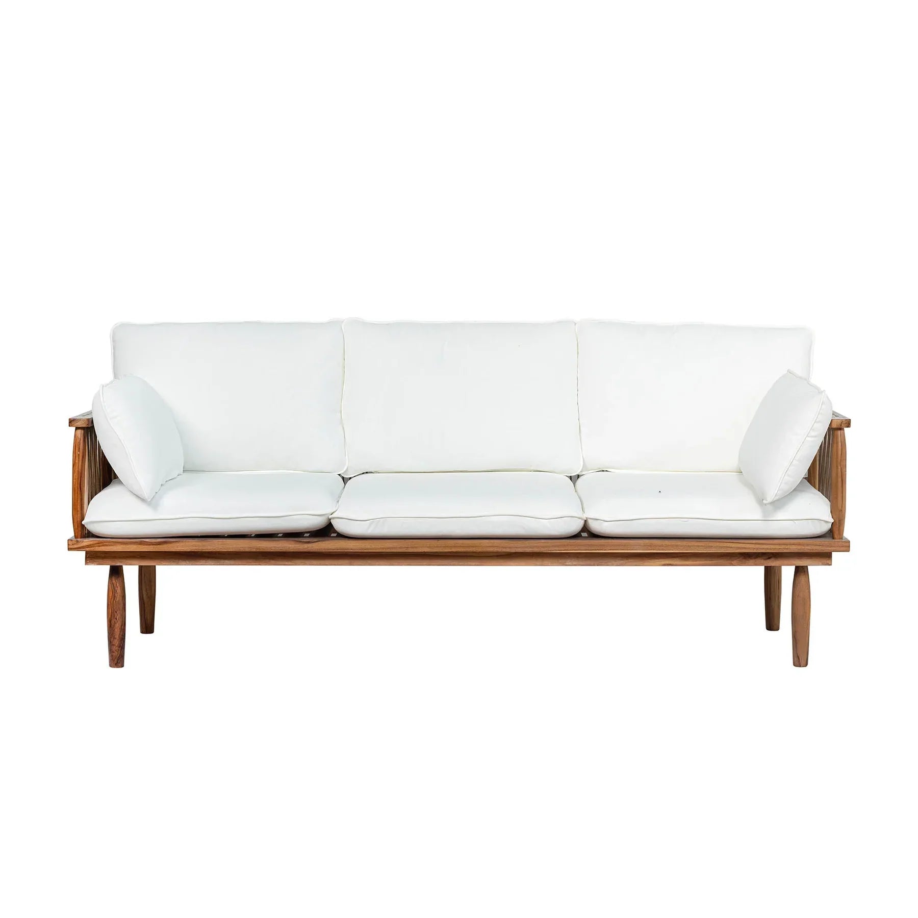Vineyard outdoor sofa front view with teak wood frame and white olefin cushions
