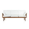 Vineyard outdoor sofa front view with teak wood frame and white olefin cushions