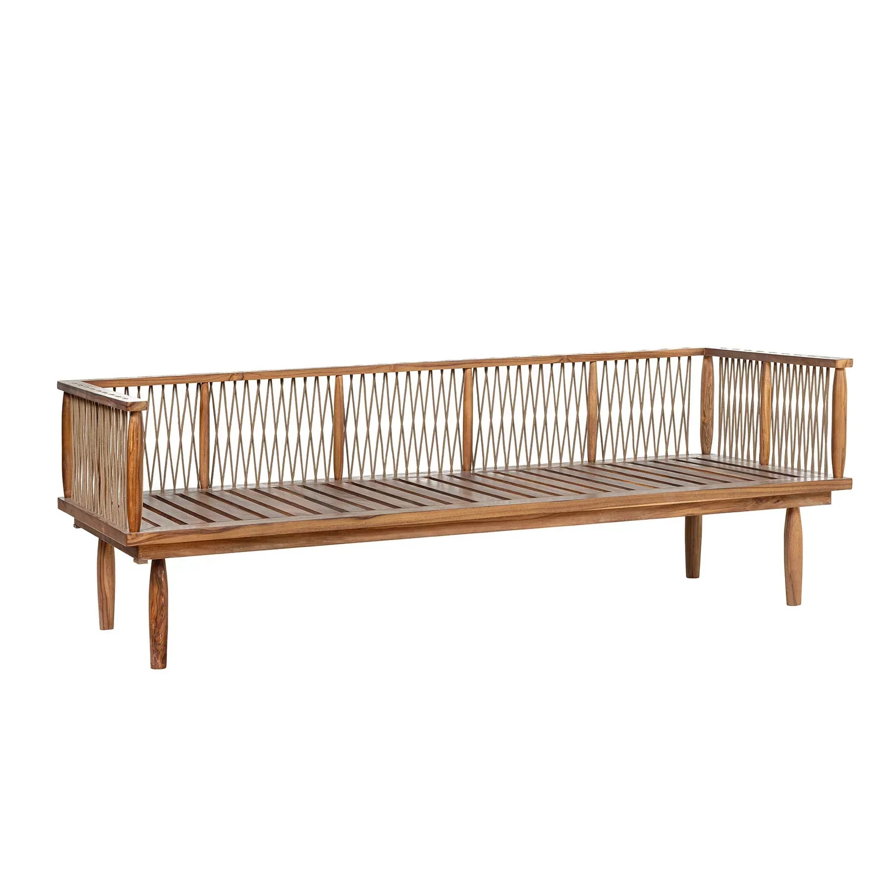 Vineyard outdoor sofa front view with teak wood frame and white olefin cushions