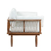Side view of Vineyard outdoor sofa with woven rope sides and outdoor fabric cushions