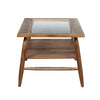 Side profile view showcasing the slim tapered legs and the architectural slatted design of the lower storage shelf
