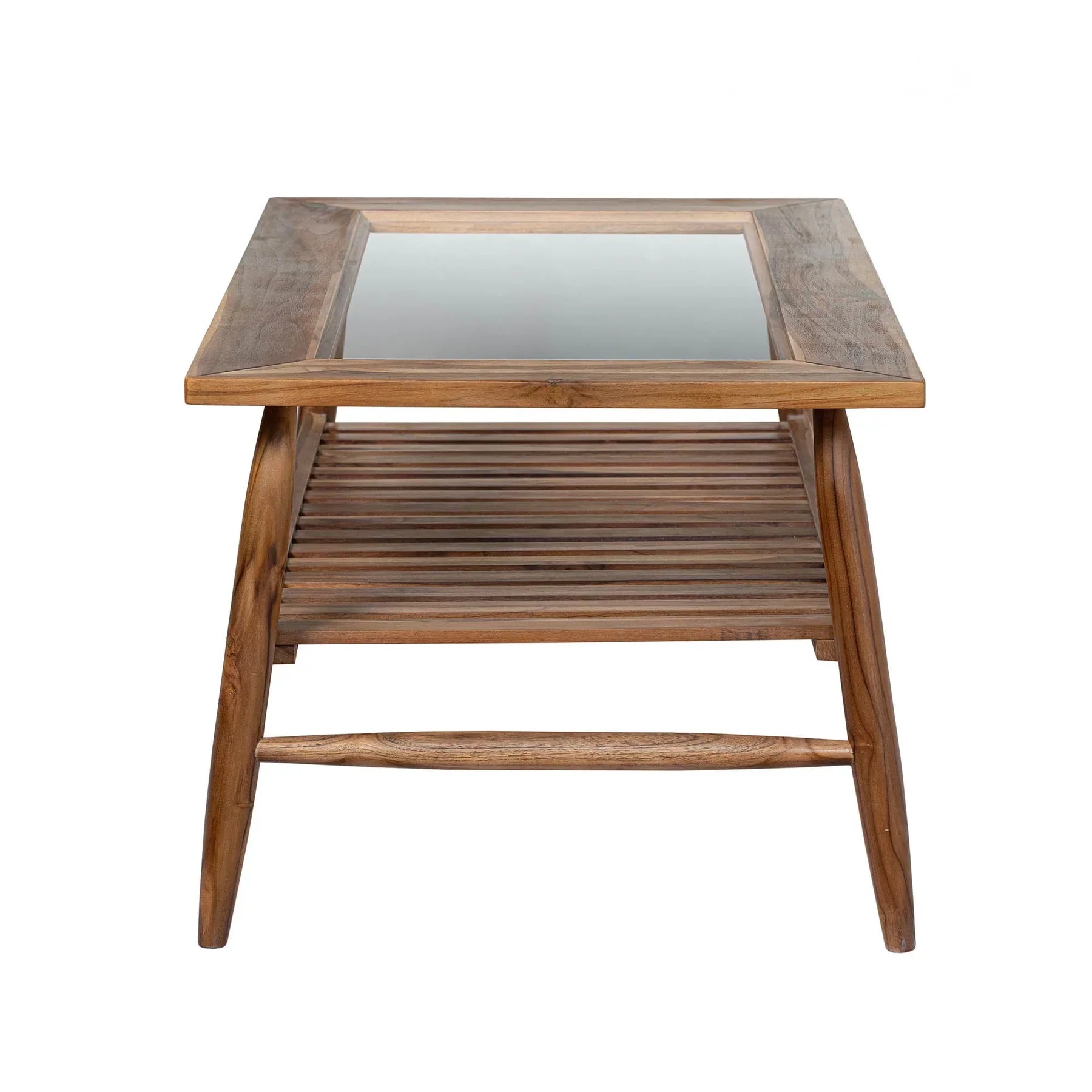 Front view of the Vineyard outdoor coffee table featuring a rectangular tempered glass top and a slatted teak wood lower shelf