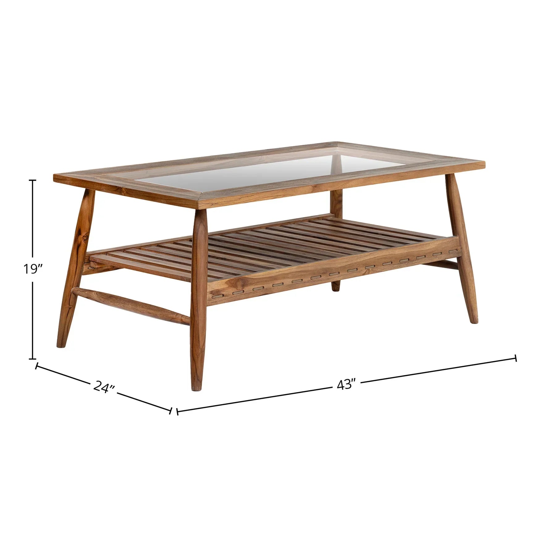 Front view of the Vineyard outdoor coffee table featuring a rectangular tempered glass top and a slatted teak wood lower shelf
