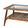 Close-up shot focusing on the seamless connection between the tempered glass top and the natural teak wood frame