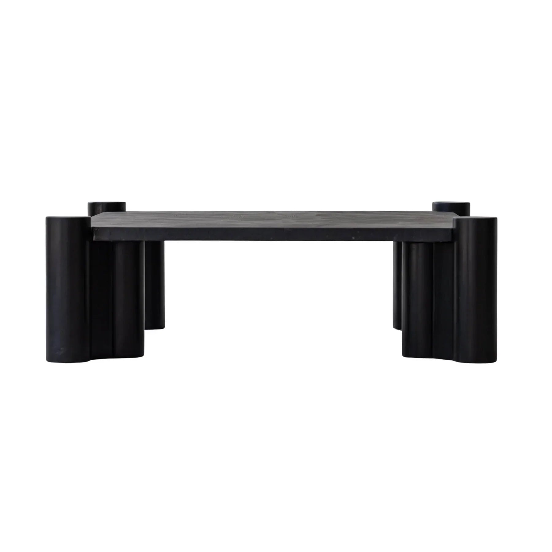 Front view of the Vito square coffee table in a matte black oak finish featuring thick fluted cylindrical legs