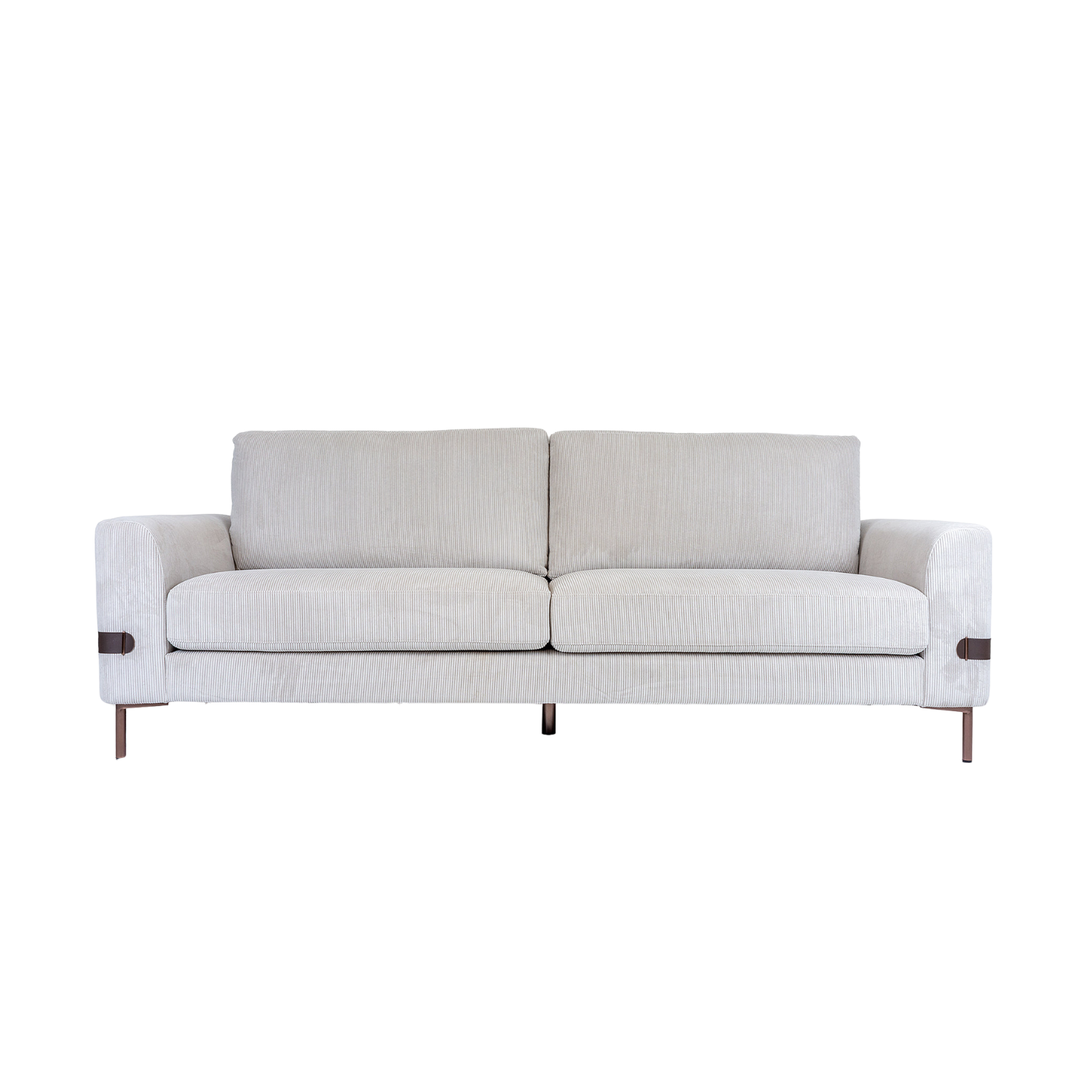 Vorda corduroy fabric sofa front view with vertical lines and copper metal legs