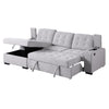 Angled view of the Voss Media Sleeper Sectional in grey showing the pull-out bed extended and open storage chaise
