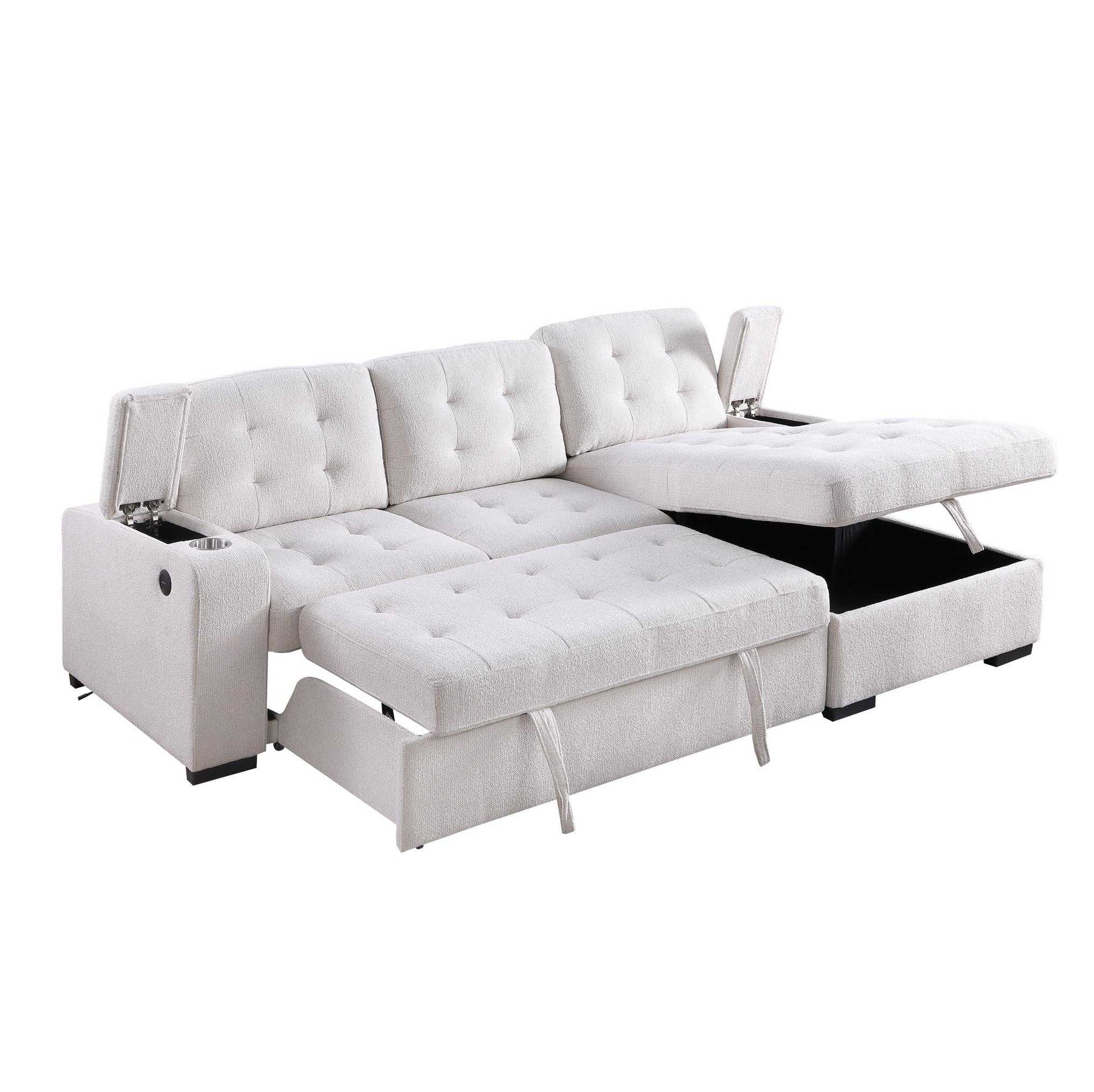 Angled view of the Voss Media Sleeper Sectional in grey showing the pull-out bed extended and open storage chaise