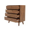 Perspective view with all five drawers open showcasing the spacious internal storage and smooth metal side glides