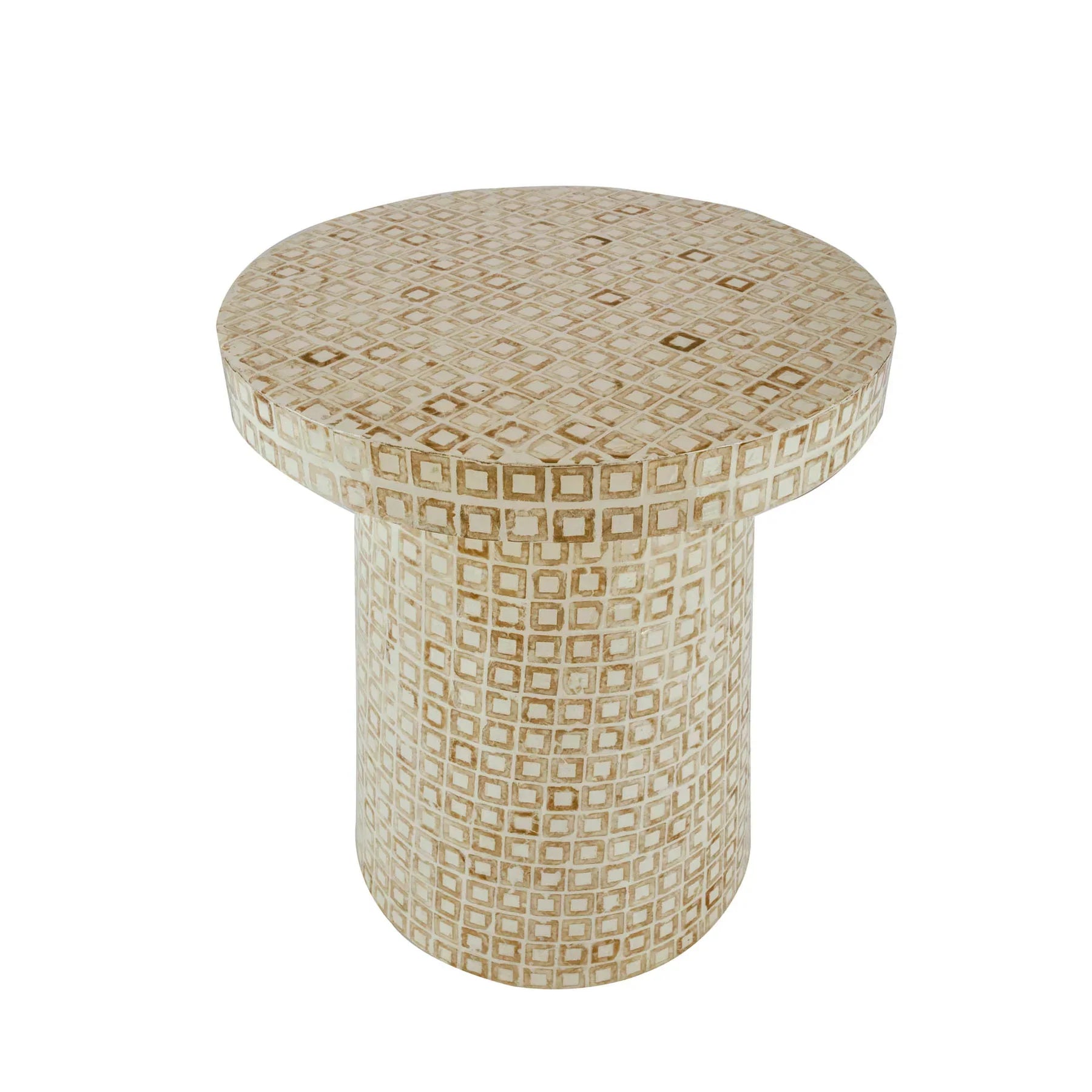 Three-quarter view of the Waterlily side table featuring a circular top and cylindrical pedestal base covered in a geometric cream capiz shell mosaic