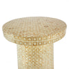Perspective shot emphasizing the iridescent texture and natural luster of the hand-applied shell mosaic across the tabletop and base